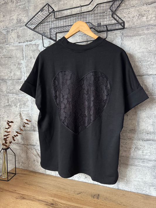 T-Shirt Dentelle Cœur Noir