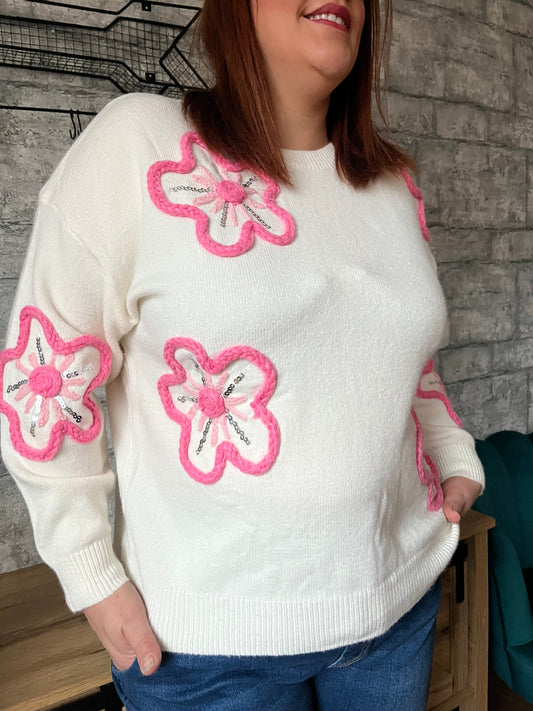 Pull Écru Fleurs Pulpeuse