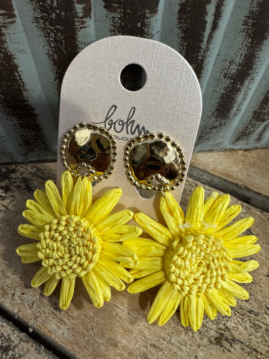 Boucle D’oreille Fleur Raphia Jaune