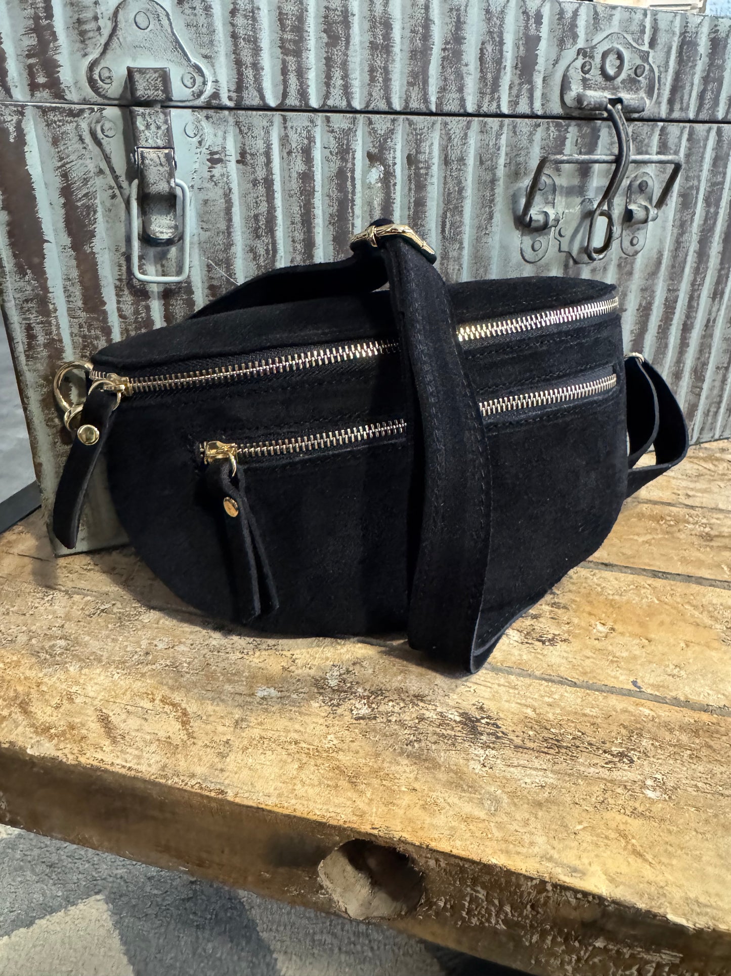 Sac banane Noir Cuir Double Zip