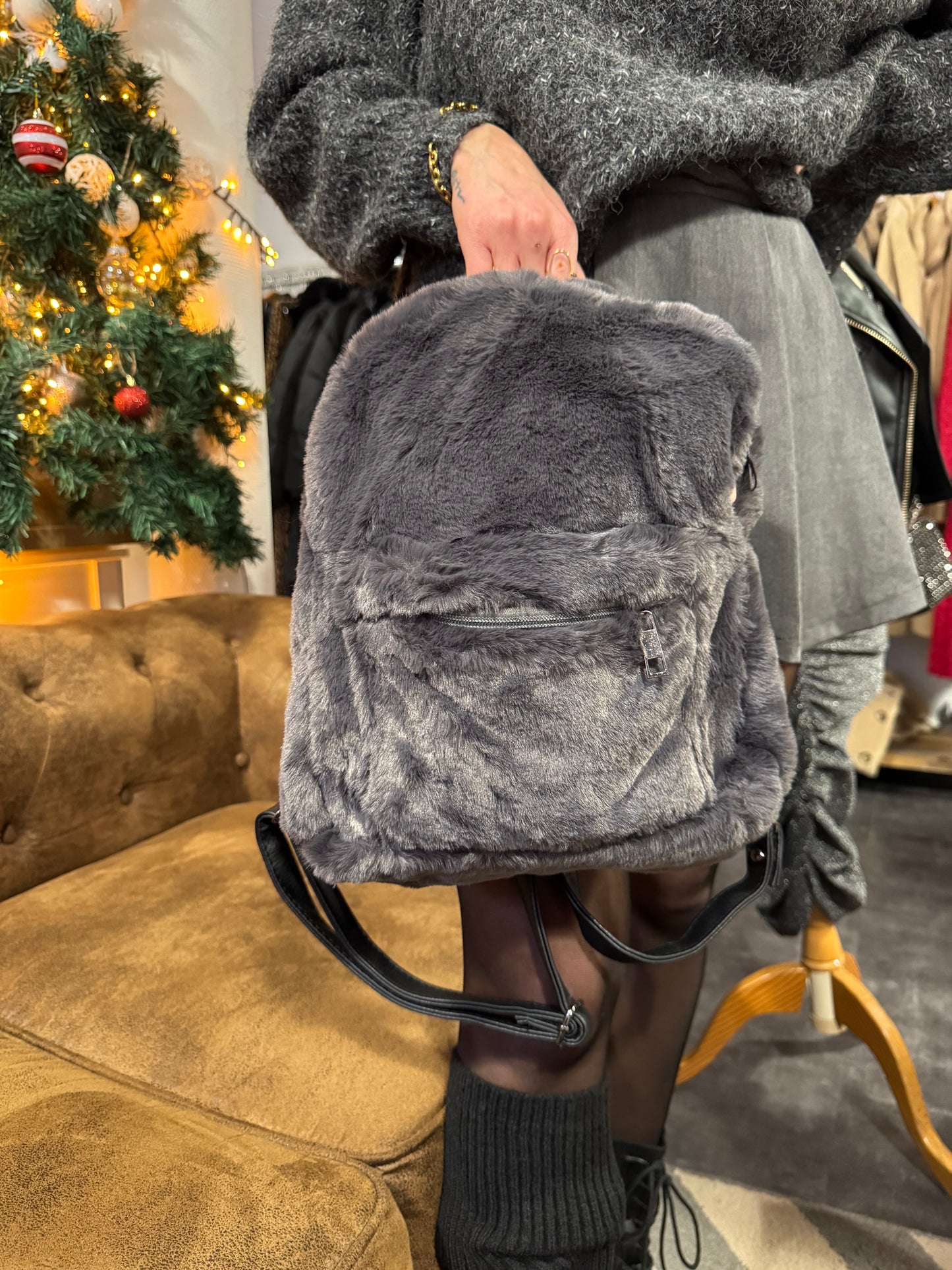 Sac à dos Fausse Fourrure Gris