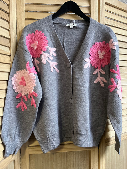 Pull Gilet Gris Fleurs Pulpeuse