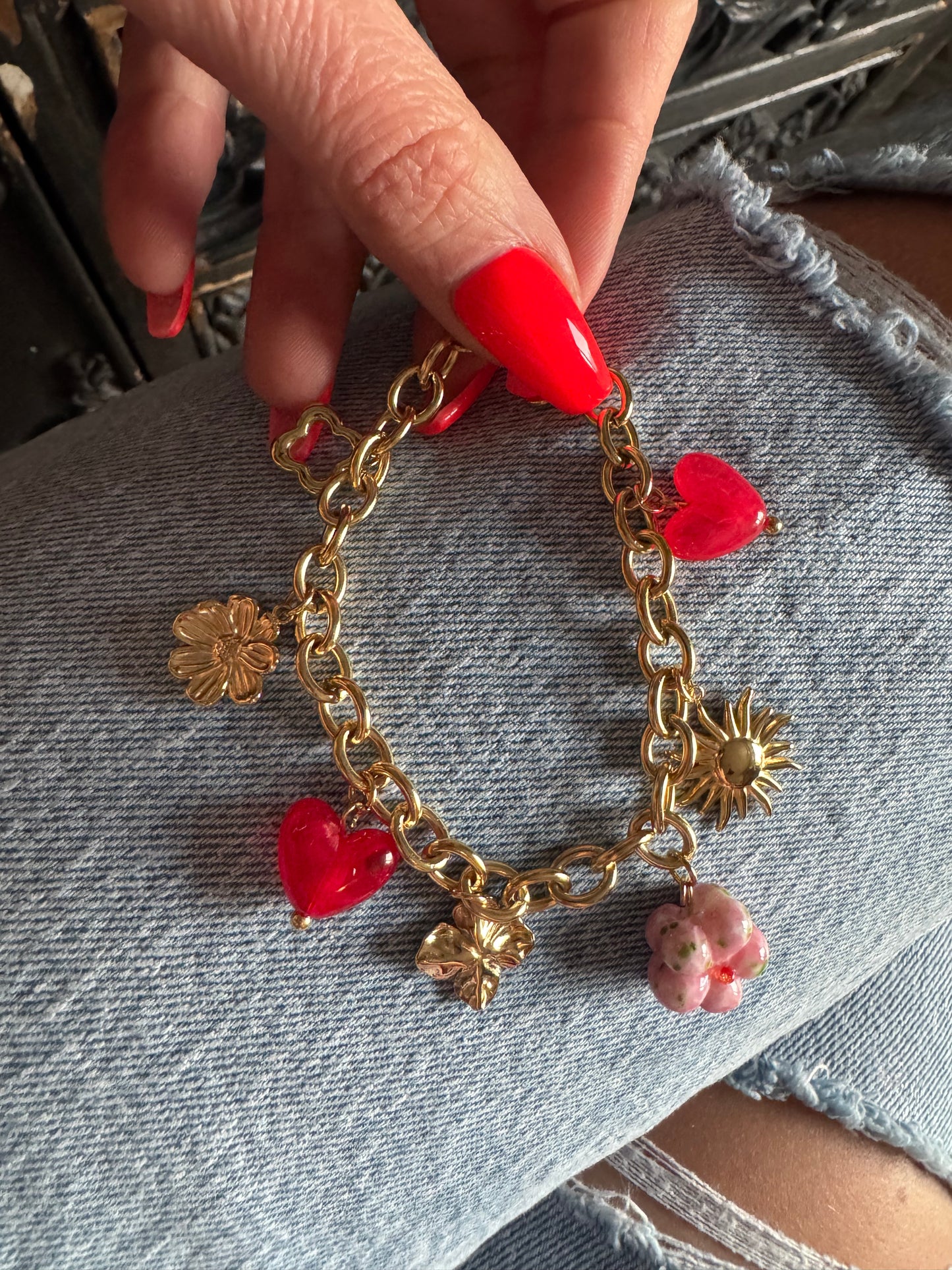 Bracelet Breloques Rouge/Rose