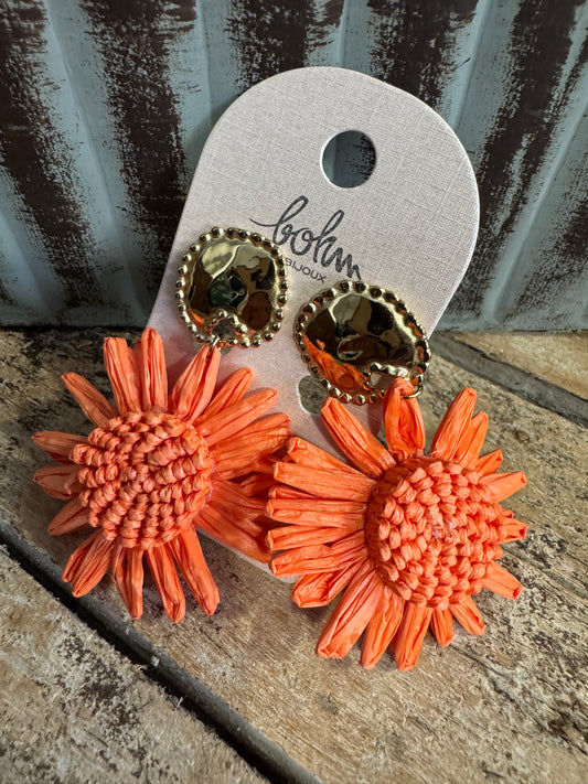 Boucle D’oreille Fleur Raphia Orange